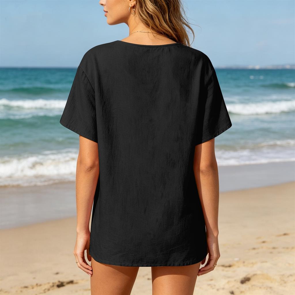 Women Short Sleeve Henley Neck Button Front Linen Cotton Shirt with Chest Pocket Loose Fit Casual Blouse Top for Summer