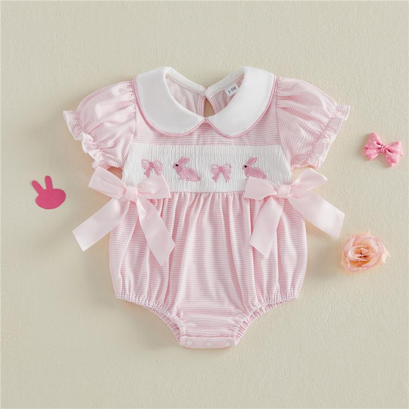 

Baby Girls Easter Striped Romper Cute Embroidery Collar Short Sleeve Jumpsuit Newborn Baby Girls Romper Clothes 0-3M