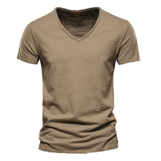 T-shirt da uomo con scollo a V, maniche corte, texture morbida, tinta unita, semplice maglione top, streetwear
