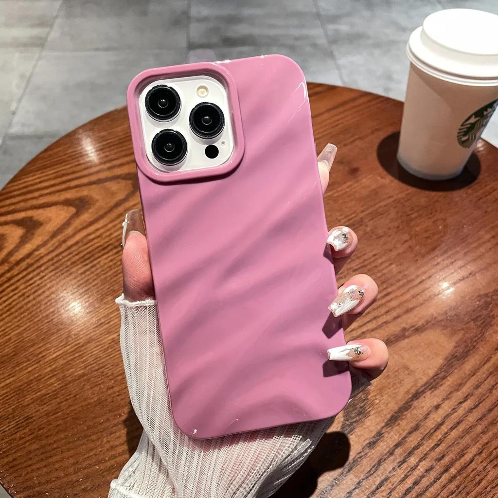Luxury 3D Wavy Pattern Phone Case For iPhone 16 15 14 13 12 Pro Max Plus Solid Color Glossy Soft Silicone Case Phone Accessories