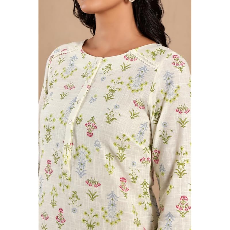 W White Floral Printed Lace Cotton Kurta and Pant Set for Women