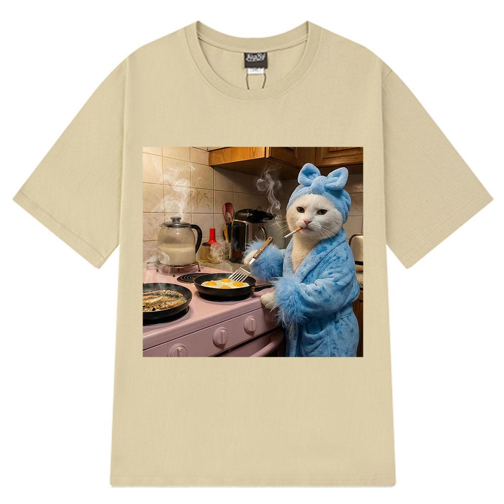 Funny Housewife Cat Meme T-Shirt Women Vintage T-Shirts Summer Short-sleeved Loose Oversized T-shirts