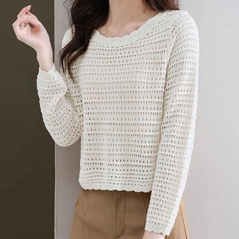 

Весенне-осенний маленький свежий кружевной воротник, ажурный вязаный свитер, женский, с дизайнерским смыслом, тонкий, облегающий, с длинным рукавом, короткий топ, милый стиль One Size F