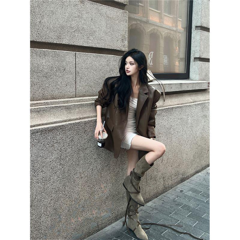 Kumikumi High Sense Black Lapel Long Sleeve Leather Coat Outerwear Women Autumn All-Match Loose Slimming Temperament Top