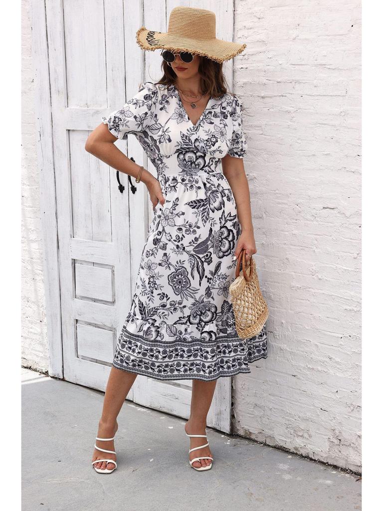 2023 Summer Stand-Up Collar Puff Sleeve Dress with All-Over Print