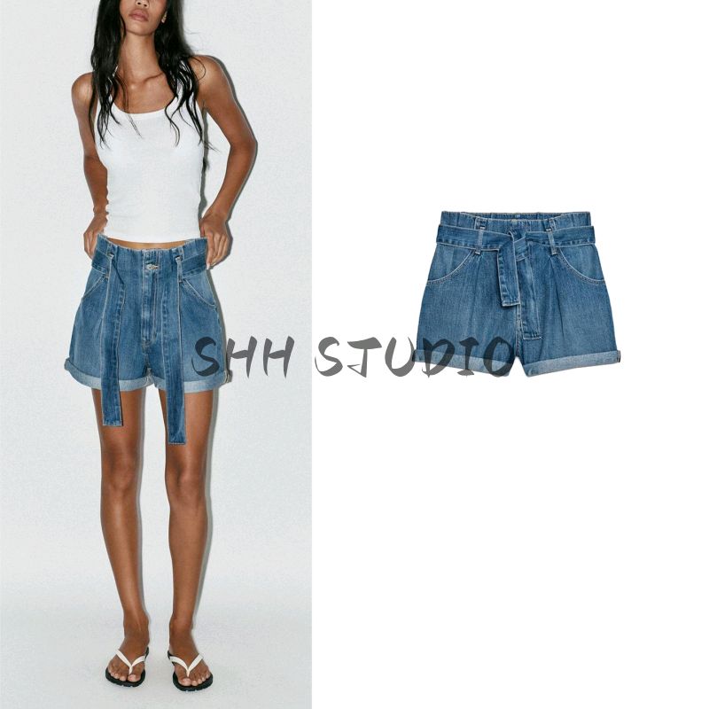 Summer New Product Women's Clothes French Style Bow Belt High Waist Paper Bag Type Denim Casual Shorts 4730003