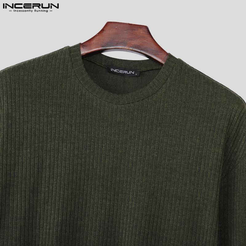 INCERUN Autumn Men Round Neck Long Sleeve Texture Rib Casual Pullover Tops