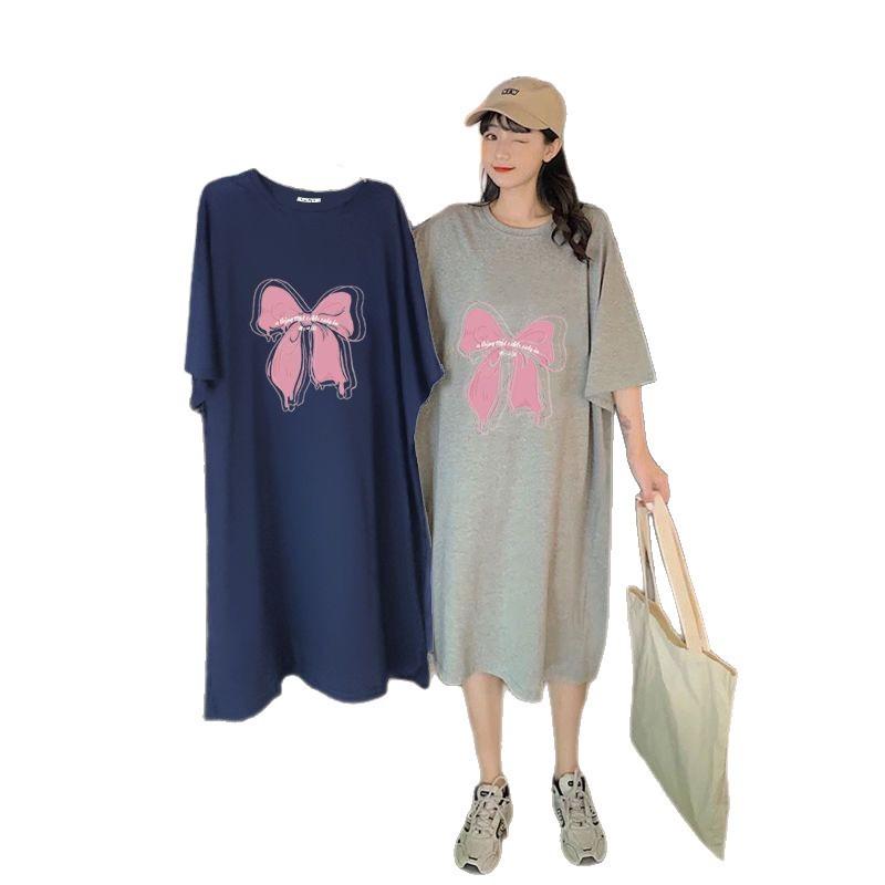 Frühlings- und Sommer Kurzarm Umstandskleid Locker zur Bauchbedeckung Mittellang Überknie Schlitz T-Shirt Kleid