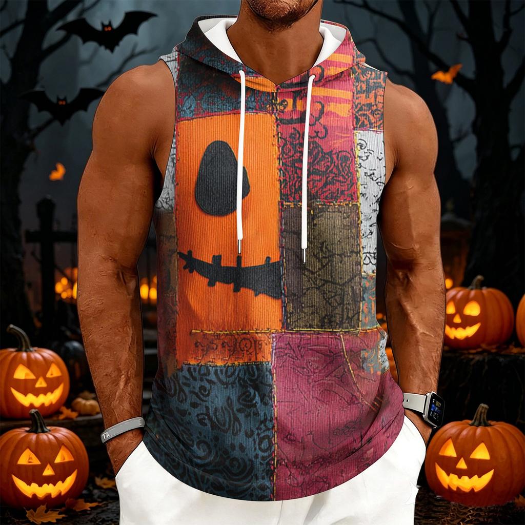 Men's Sleeveless Hoodie Casual Drawstring Hooded Tank Top Halloween Print Streetwear Muscle Fit Summer Vest