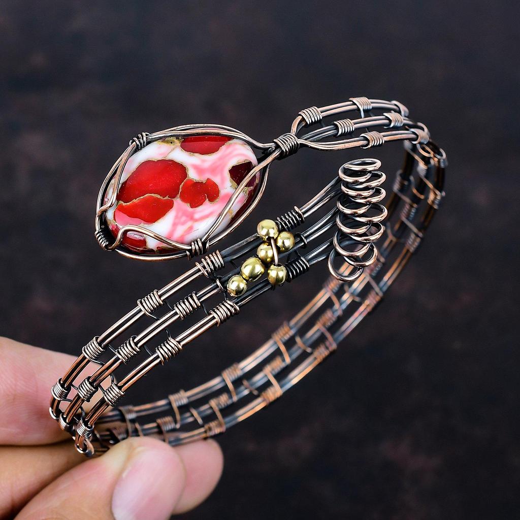 Kingman Red Mohave Copper Turquoise Bangle Copper Wire Wrapped Cuff Bracelet Adjustable Bangle Handmade Gemstone Bangle Copper Wire Jewelry