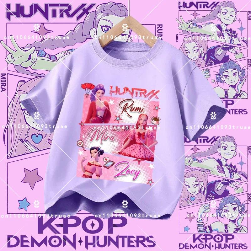 2026 New K-pop Demon Hunter - Girls' Cotton Short-Sleeved Sport Shirt for Children Aged 1-12, Summer T-Shirt with Cartoon Print