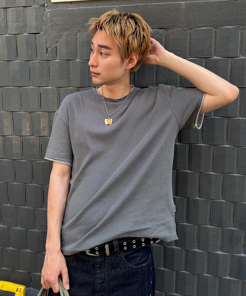 MAISON MINED Stripe Layered Half T Charcoal