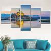Toile Imprimée HD Modulaire 5 Pièces - Peinture de Paysage du Mont Saint-Michel au Crépuscule Décoration Murale Affiche