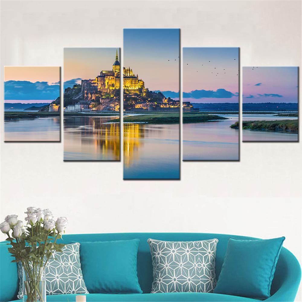 

Модульная HD-печать для домашнего декора, настенная картина на холсте, 5 частей, пейзажная картина «Мон Сен-Мишель в сумерках», постер без рамки 20x35cm*2 20x45cm*2 20x55cm*1 No Frame