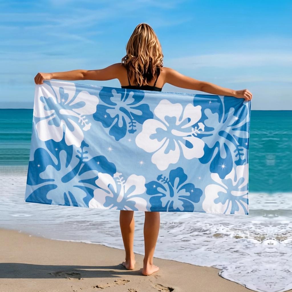 1Pc Blue Floral Beach Towel, Soft Absorbent Anti-Sand Sunscreen, Lightweight Portable For Swimming, Yoga, Fitness