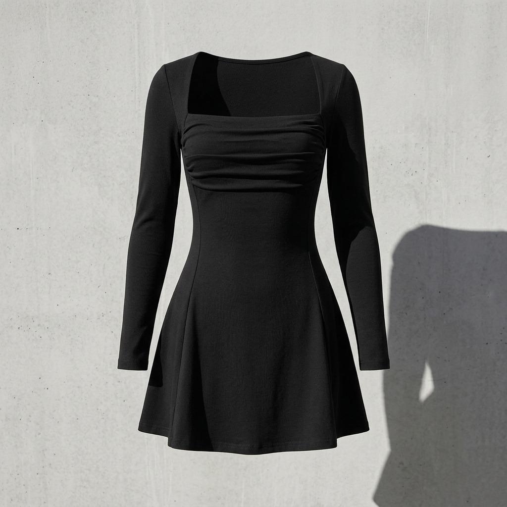 New Spring/Summer Women'S Fashion Simple Black Square Neck Dress Versatile Elegant Long Sleeve Short Dress