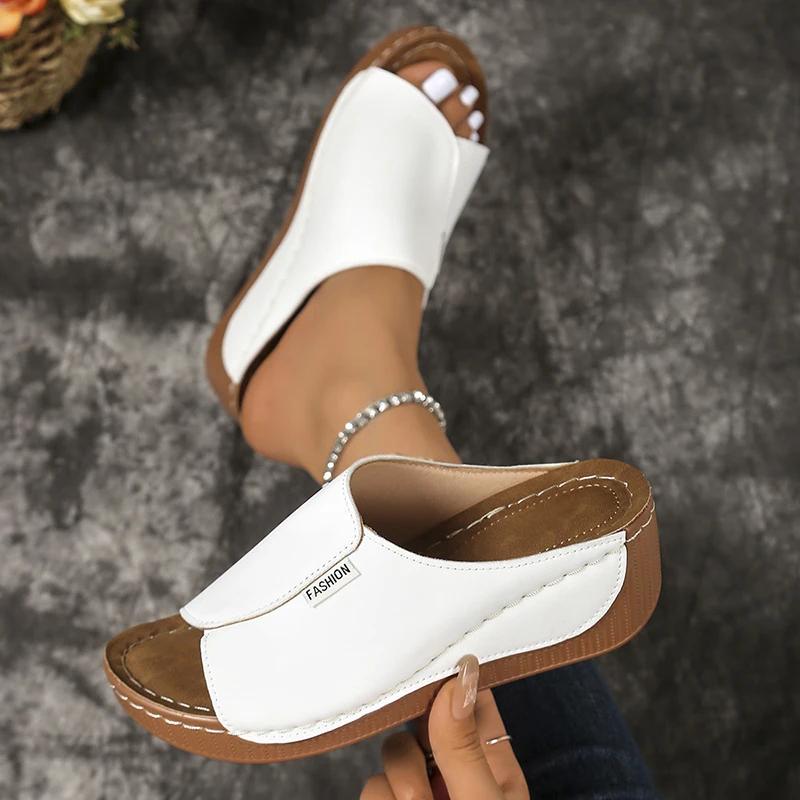 Fashion Lightweight Peep Toe Wedges Slippers Women Summer Platform Thick Sole Sandals Woman Plus Size Pu Leather Slides Shoes Mujer 43