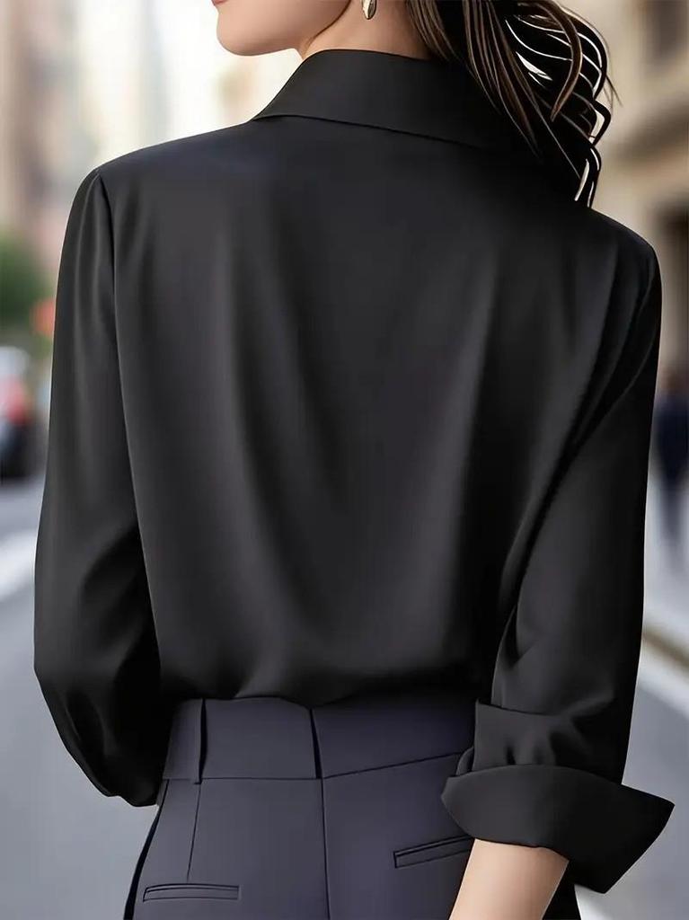 Women's 2025 Autumn Solid Color Satin Lapel Shirt - Long Sleeve, Versatile