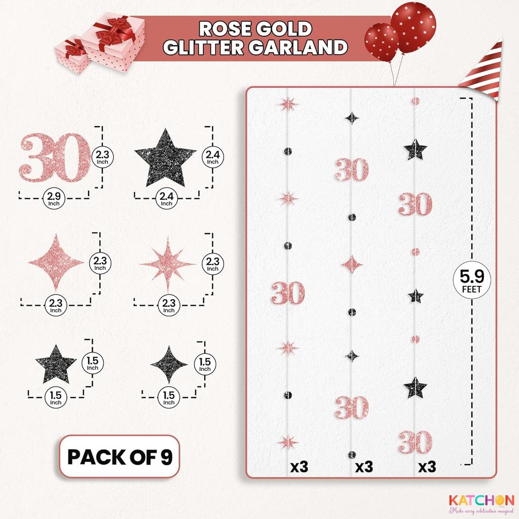 KatchOn, Rose Gold 30th Birthday Decorations - 9 String Hanging Garland, 6 Feet | No DIY 30 Years Party Hanging Streamer | Dirty 30 Birthday