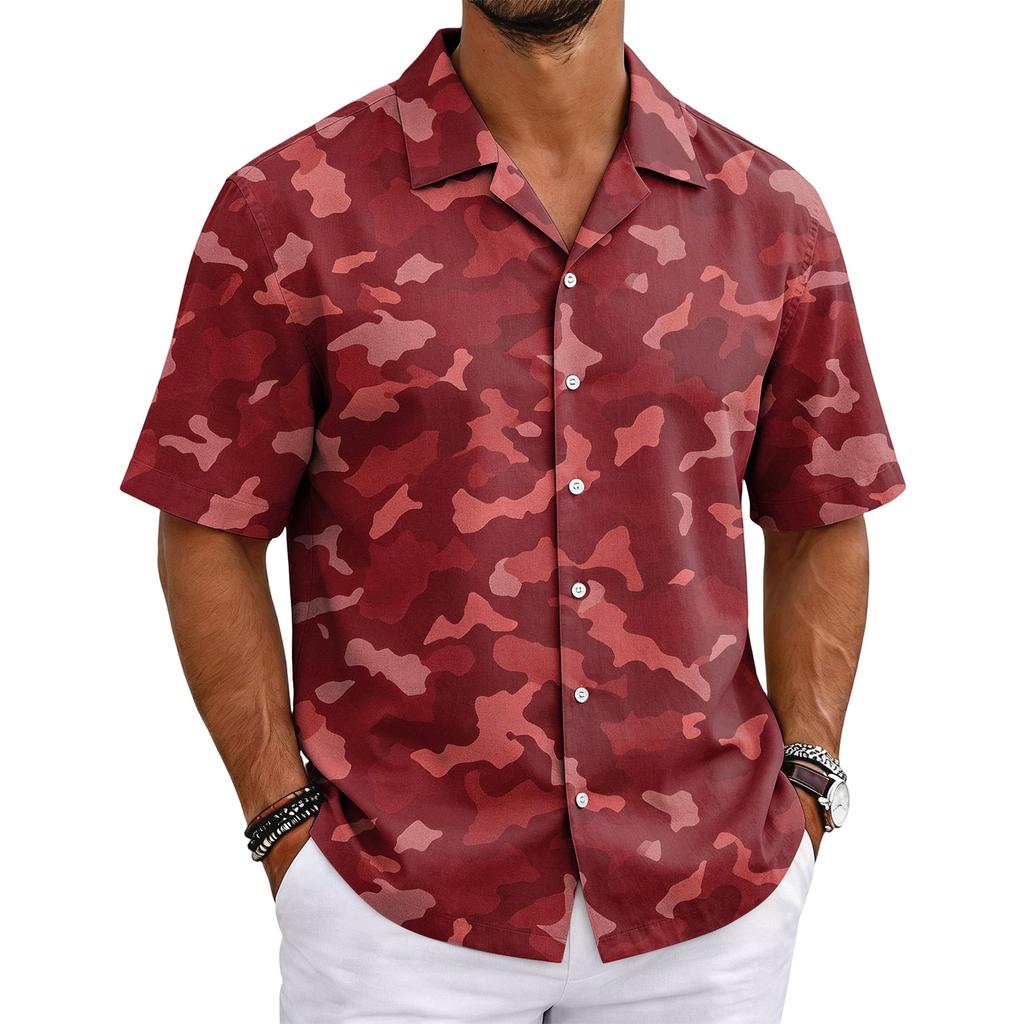 Men's Camouflage Short Sleeve Cuban Collar Shirt Lightweight Breathable Casual Button Down Shirt Summer Beachwear