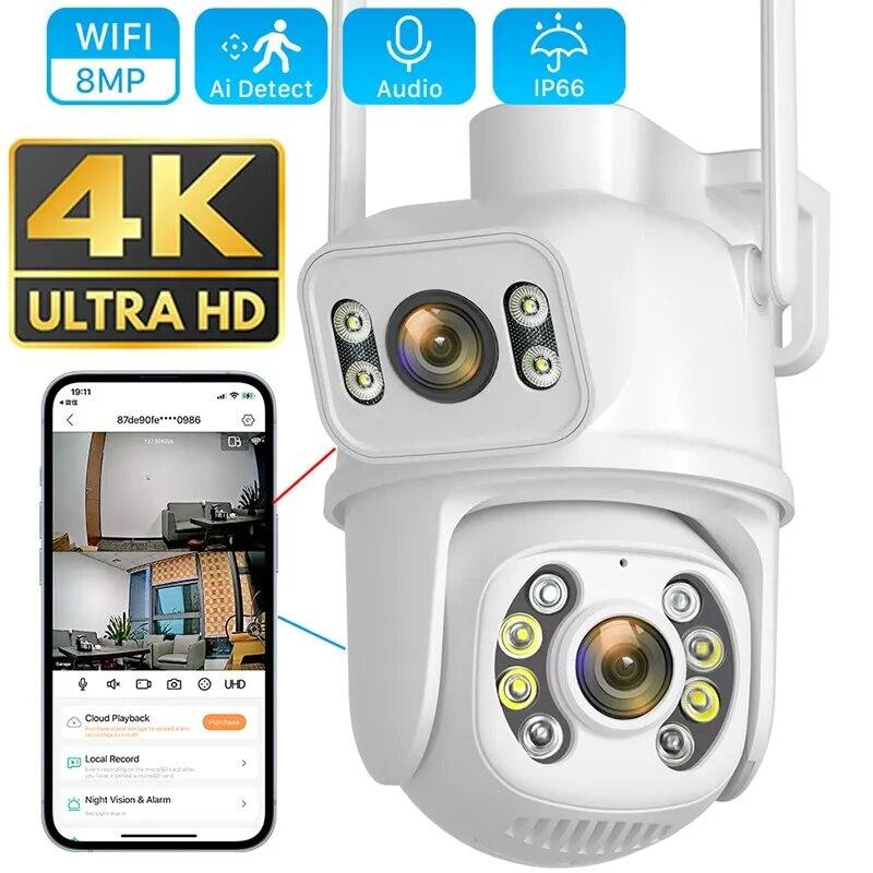 

8MP 4K PTZ Wi-Fi IP-камера с двумя объективами, защита безопасности, Ai человеческий монитор, уличная водонепроницаемая ночная камера видеонаблюдения