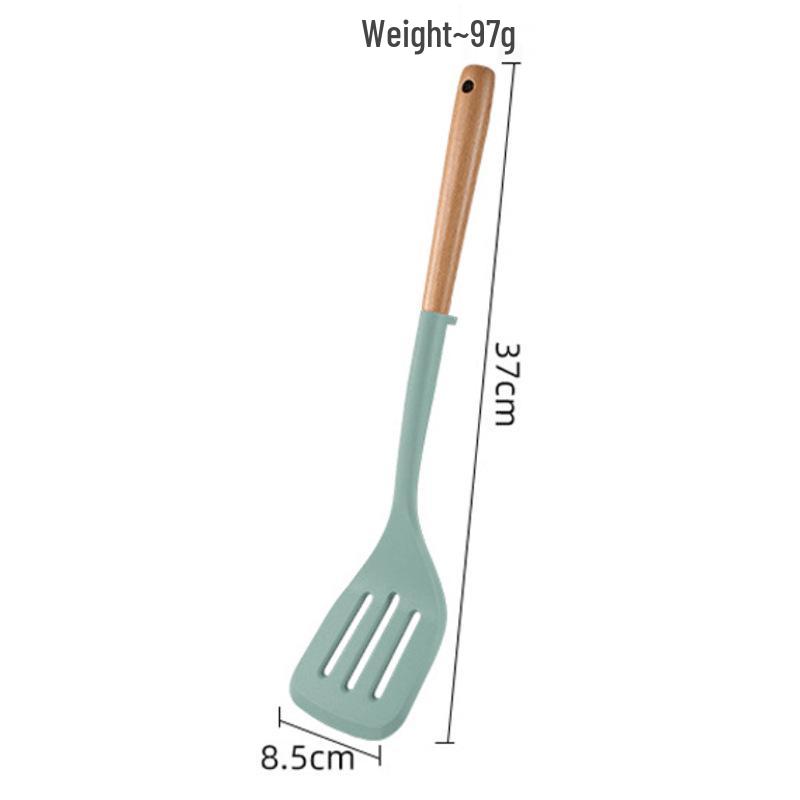High-Temp Resistant Silicone Spatula Set: Non-Stick Pan Safe, Wooden Handle, Slotted Skimmer, Stand-Up Rice Spoon.
