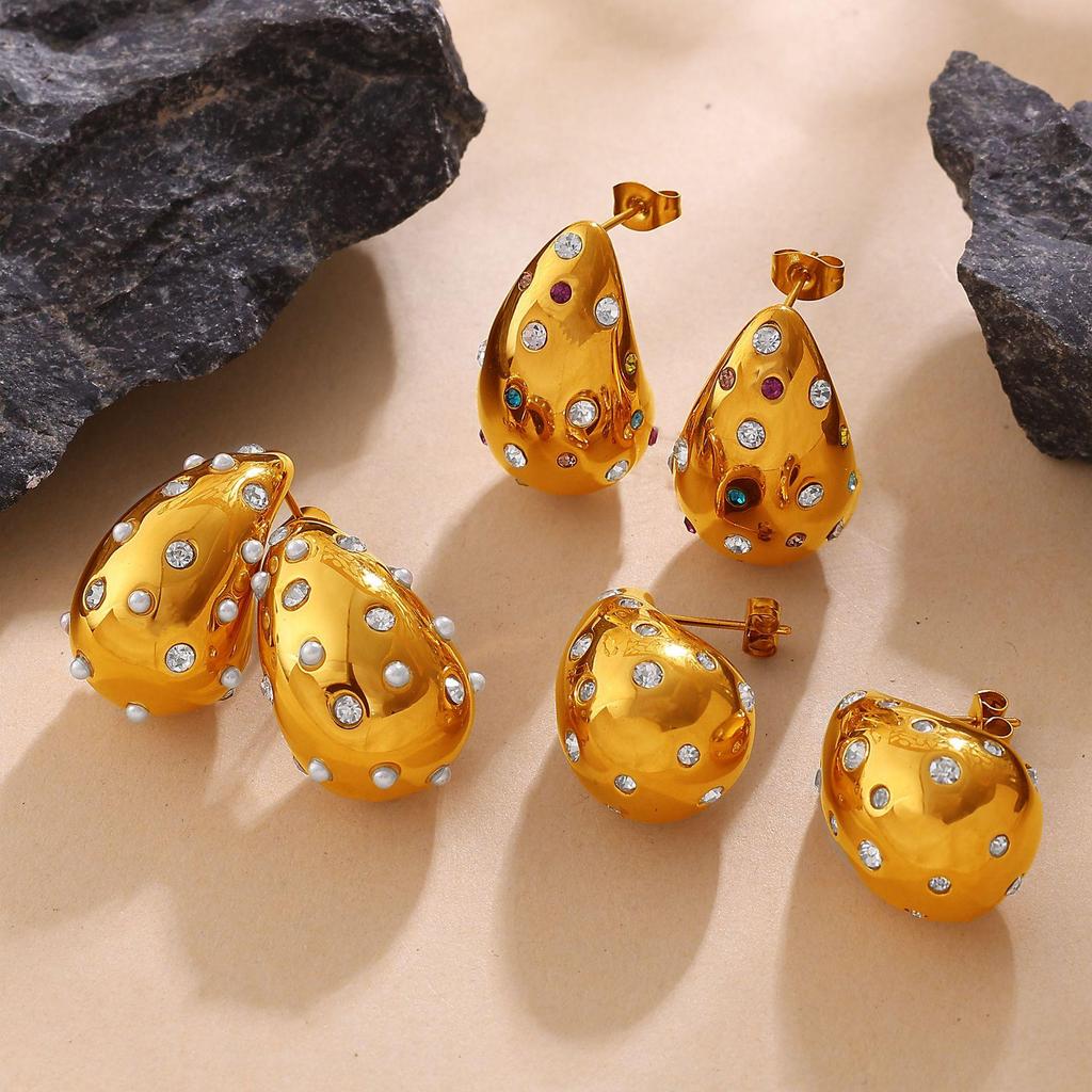 Vintage Gold Teardrop Earrings with Colorful Rhinestones for Women