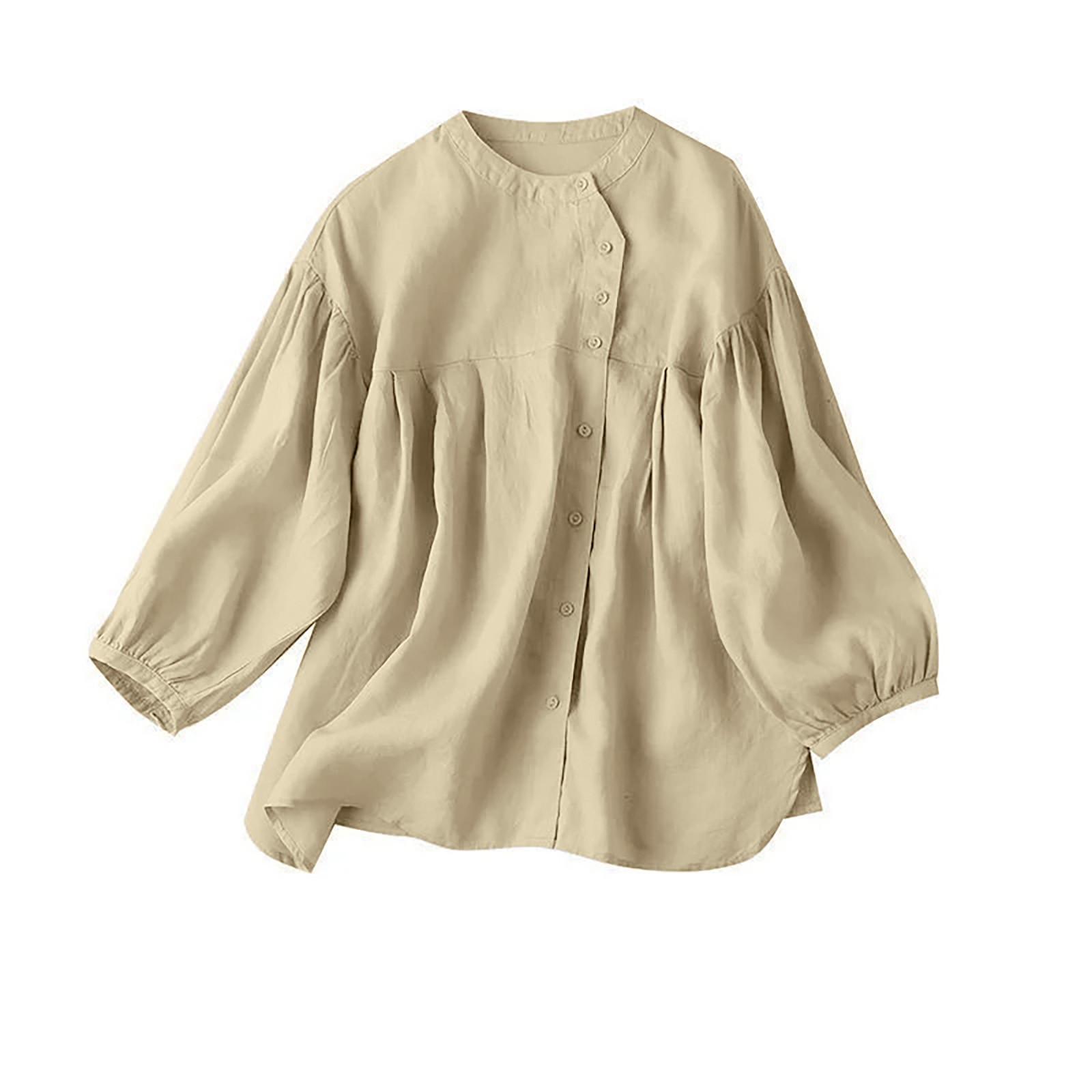 

Рубашка из хлопка и льна с однотонными рукавами, женская свободная рубашка Doll, Design Sense, модная рубашка с рукавом девять четвертей XXL хаки