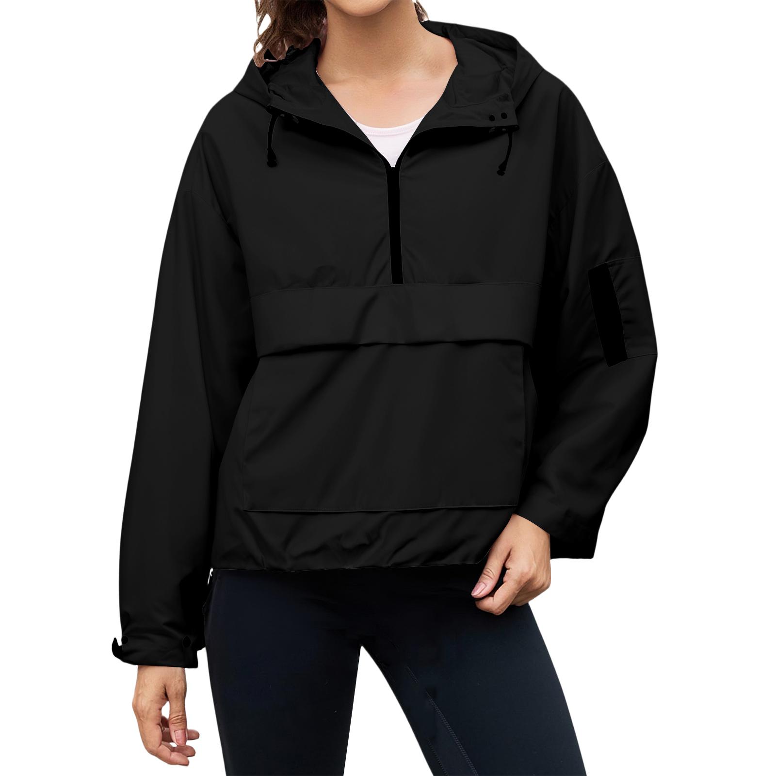 

women s Loose Comfortable Casual Fashionable Solid Color Pullover Hooded Long Sleeved Windbreaker L чёрный