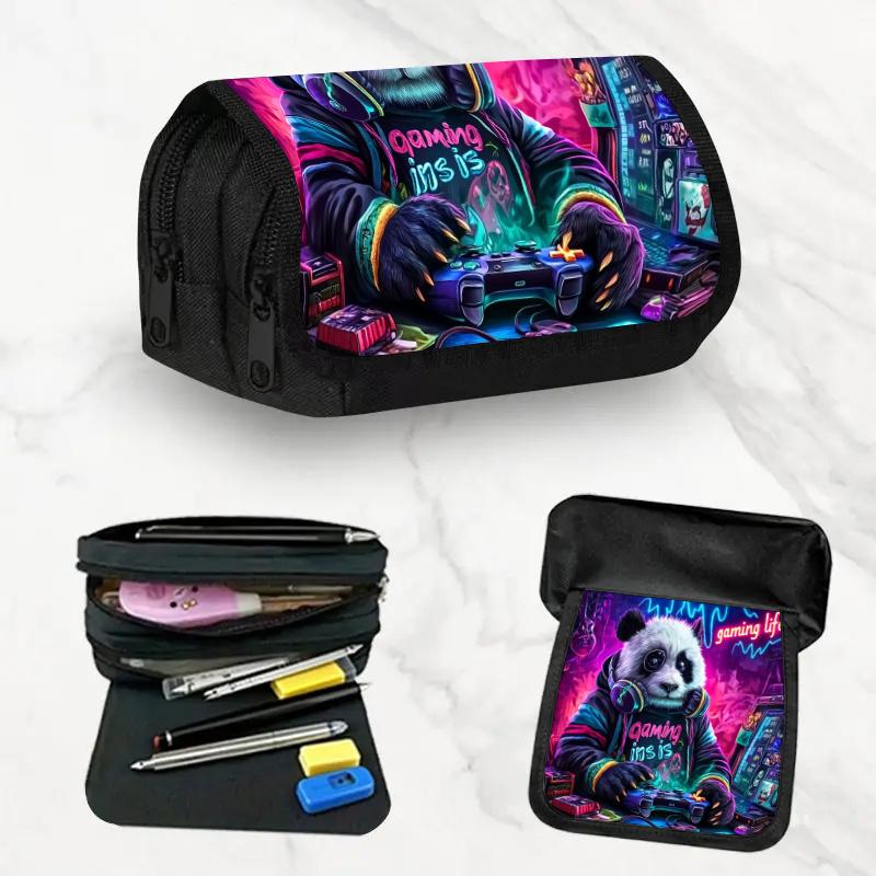 1pc Classic Game Panda Design Double Layer Flip Pencil Case--Large Capacity Zipper Closure, Suitable for Schools, Offices and Travel, Ideal Birthday/h