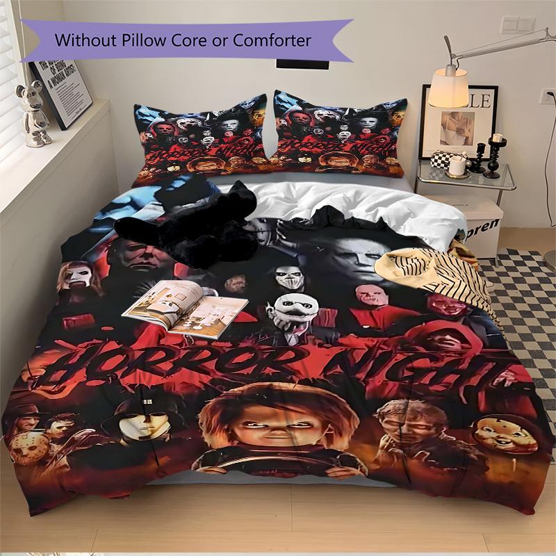 3pcs Horror Night Movie Characters Comforter Set with 1 Quilt Cover and 2 Pillowcases (No Core) - Halloween Decorations, Home Decor, Holiday Gift, Pol