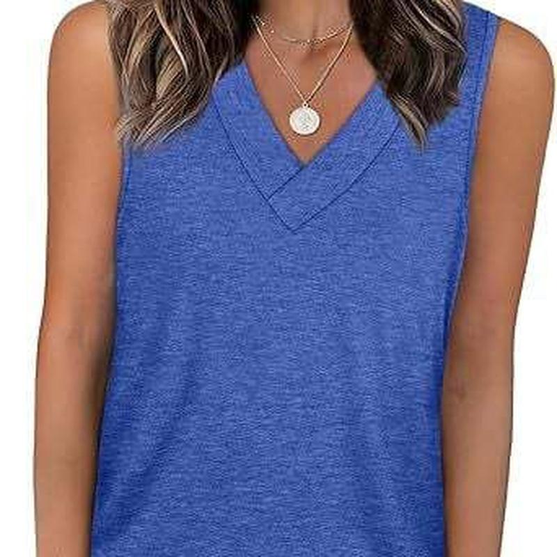 Summer European Style Women V-Neck Casual Loose Fit Solid Color Tank Sleeveless