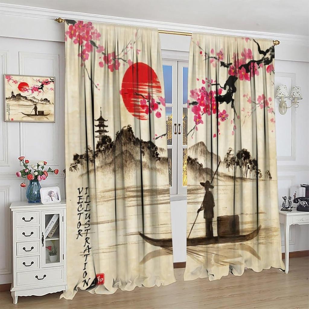 Room Darkening Cherry Blossoms Curtains Asia China Japanese Mountain Spring Ink Painting Window Drapes Living Bedro Curtain Vintage Polyester Washable