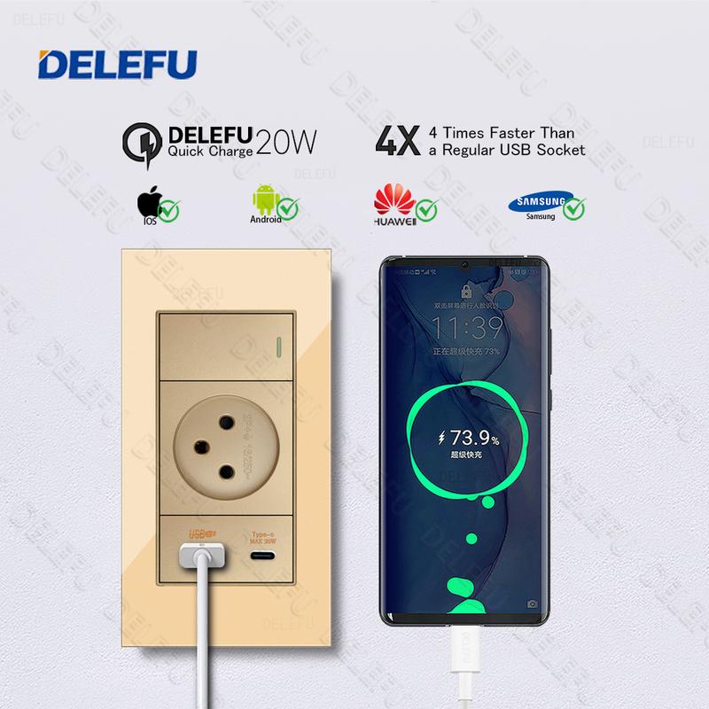 DELEFU Glass SC70 Panel 145mm Gold Israeli Standard USB C-type Fast Charging Wall Socket Switch TV Phone CAT5 CAT6