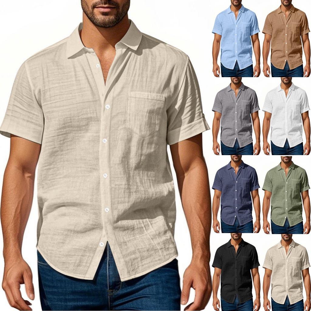 Men's Linen Lapel Short-sleeved Shirt, Solid Color,breathable, Loose And Casual Shirt With  Pocket