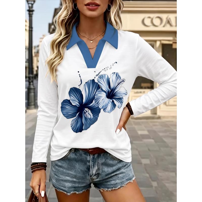Elegant Blue Floral Print Women's Long Sleeve Shirt