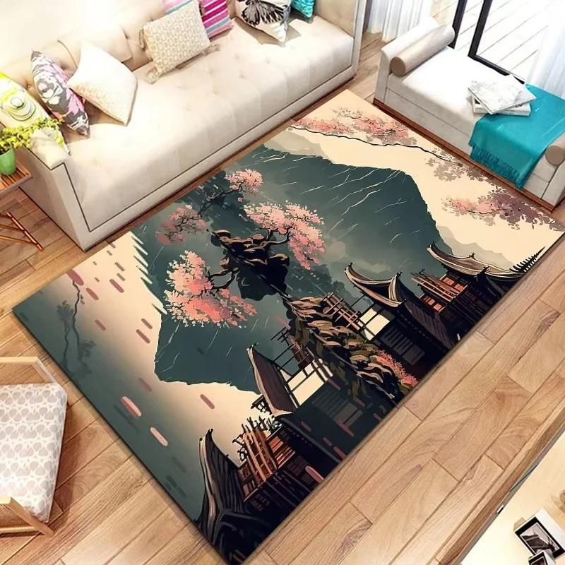 Japanese Landscape Print Rug with Cherry Blossom & Fuji Mountain for Bedroom and Sofa Entryway Decor