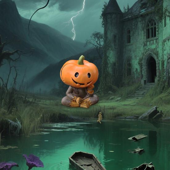 Pumpkin Head Scarecrow Figurine Fishing Scarecrow Sculpture Halloween Decor Pumpkin Statue for Fish Tank Aquarium Pond
