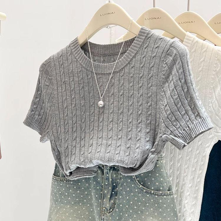 Dámské Vynikající Modré Copánkové Pletené Tričko Slim Fit - Letní Top s Krátkým Rukávem