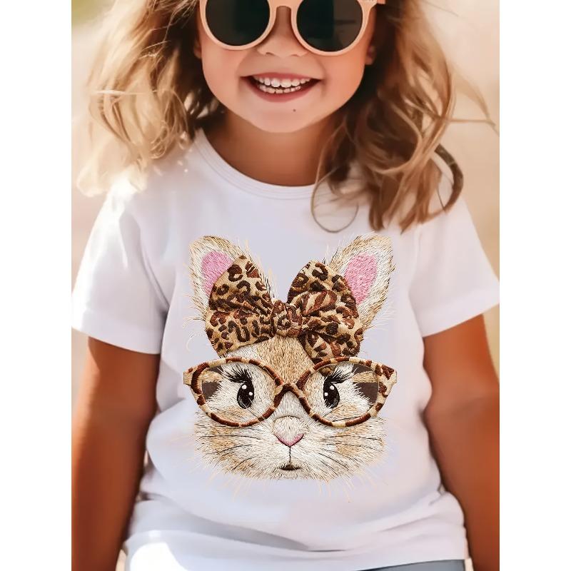 European sizes Leopard Print Bow and Bunny Print Short-sleeved T-shirt for Girls, Made of Soft . Perfect for Easter 110