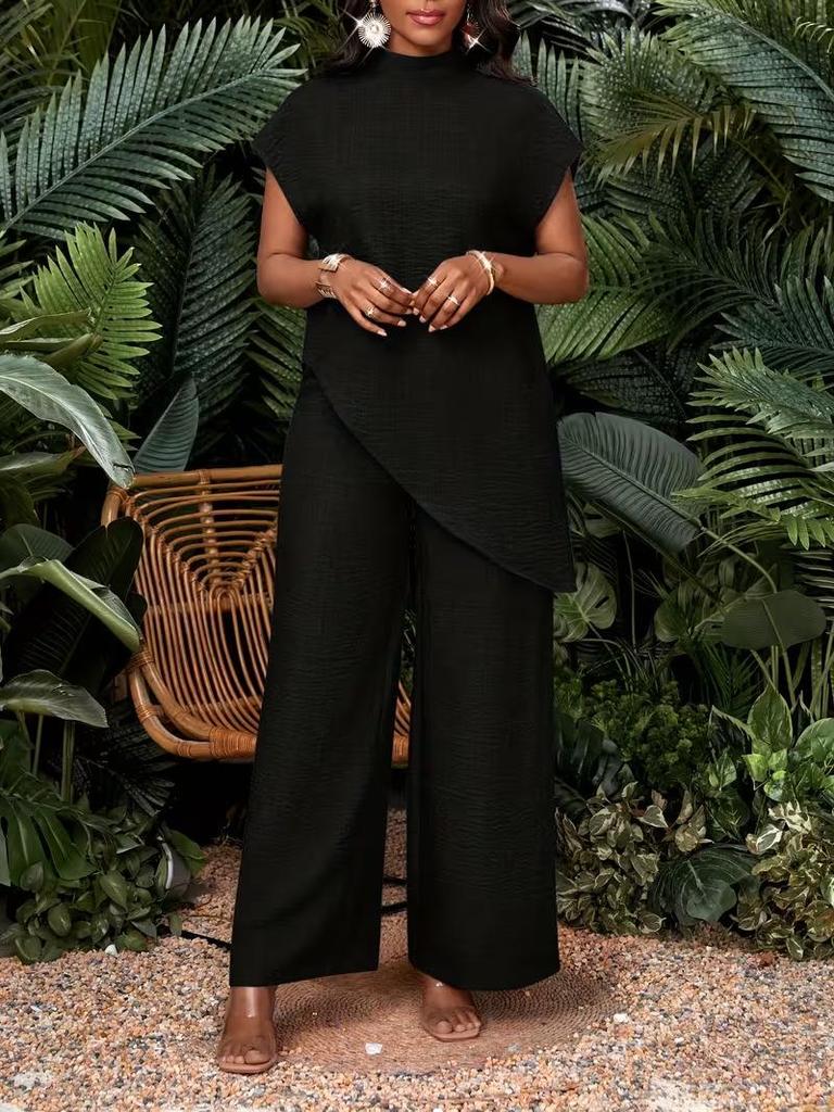 Women's Casual Asymmetrical Hem Two-Piece Set: Solid Color Top and Pants