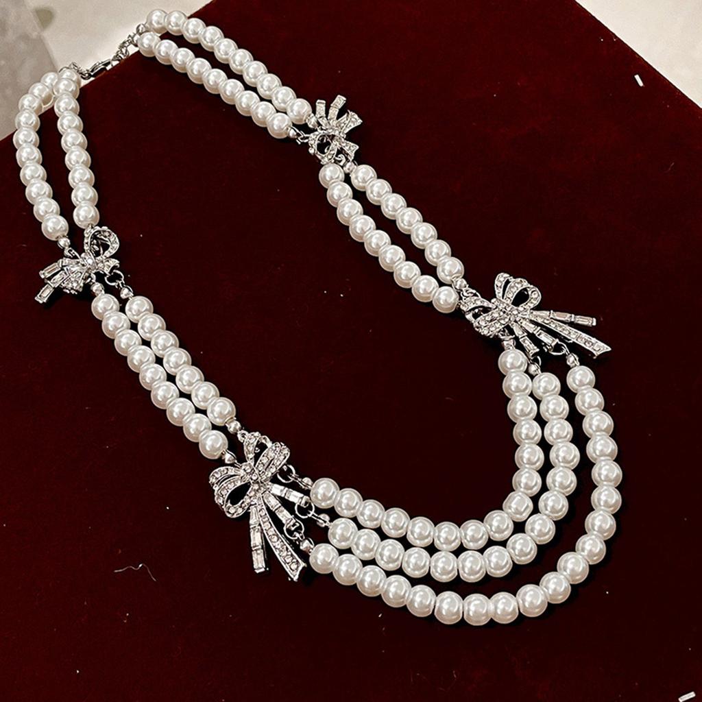 Elegant Layered Necklace with Faux Pearls and Bowknot Multi Layer Neckchain Fashionable Women Jewelry Wedding Accessory