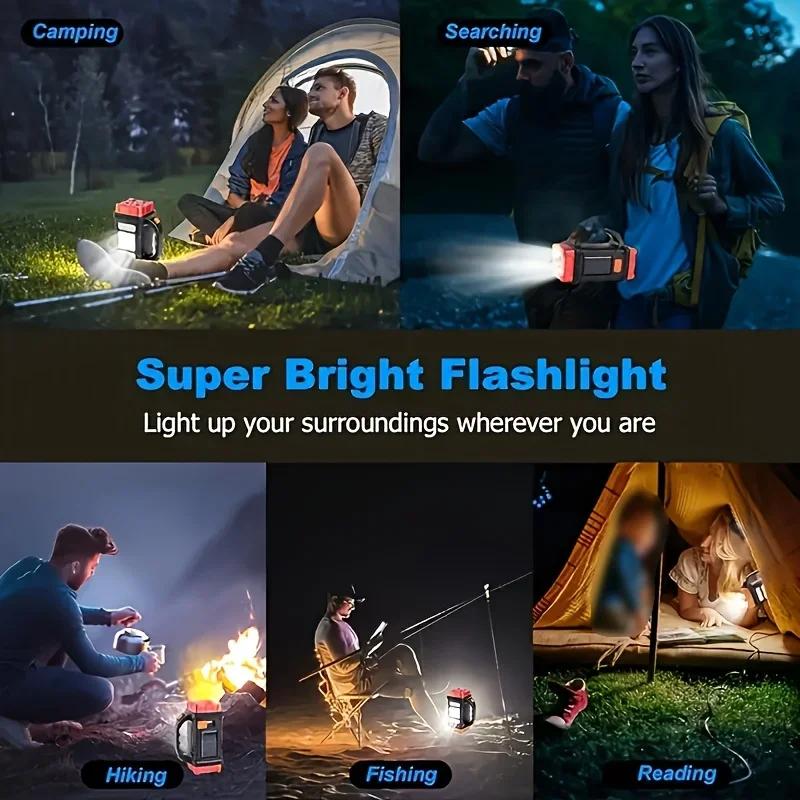 Solar Rechargeable Flashlight High Lumen Portable Work Light 4 Modes Power Bank Camping Emergency Light w/COB Side Lamp Outdoor