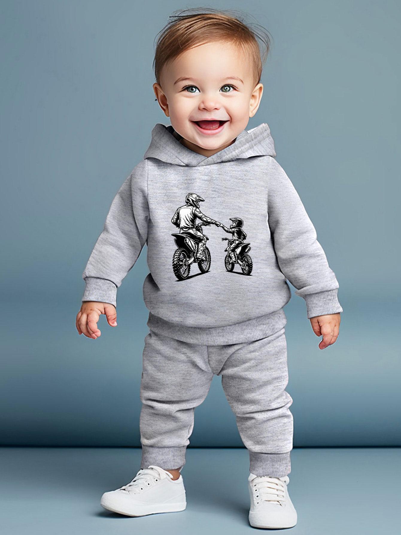 

Boys Casual Two-piece Set: Hooded Top with Cute Off-road Motorcycle Fist-bump Parent-child Pattern Matched with Elastic Waist Cuffed Pants 6-9M серый