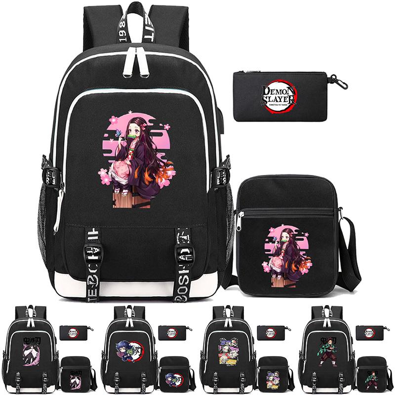 3Pcs/set Cartoon Demon Slayer Printed Backpack Large Capacity Bookbag Student Boy Girl School Bag Outdoor Laptop Travel Bag Gift