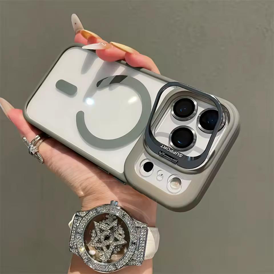 

Lens Stand Bracket Magnetic Clear Case for iPhone 17 16 15 14 13 12 11 Pro Max Plus for Magsafe Shockproof with Lens Film Cover iPhone 11 серый
