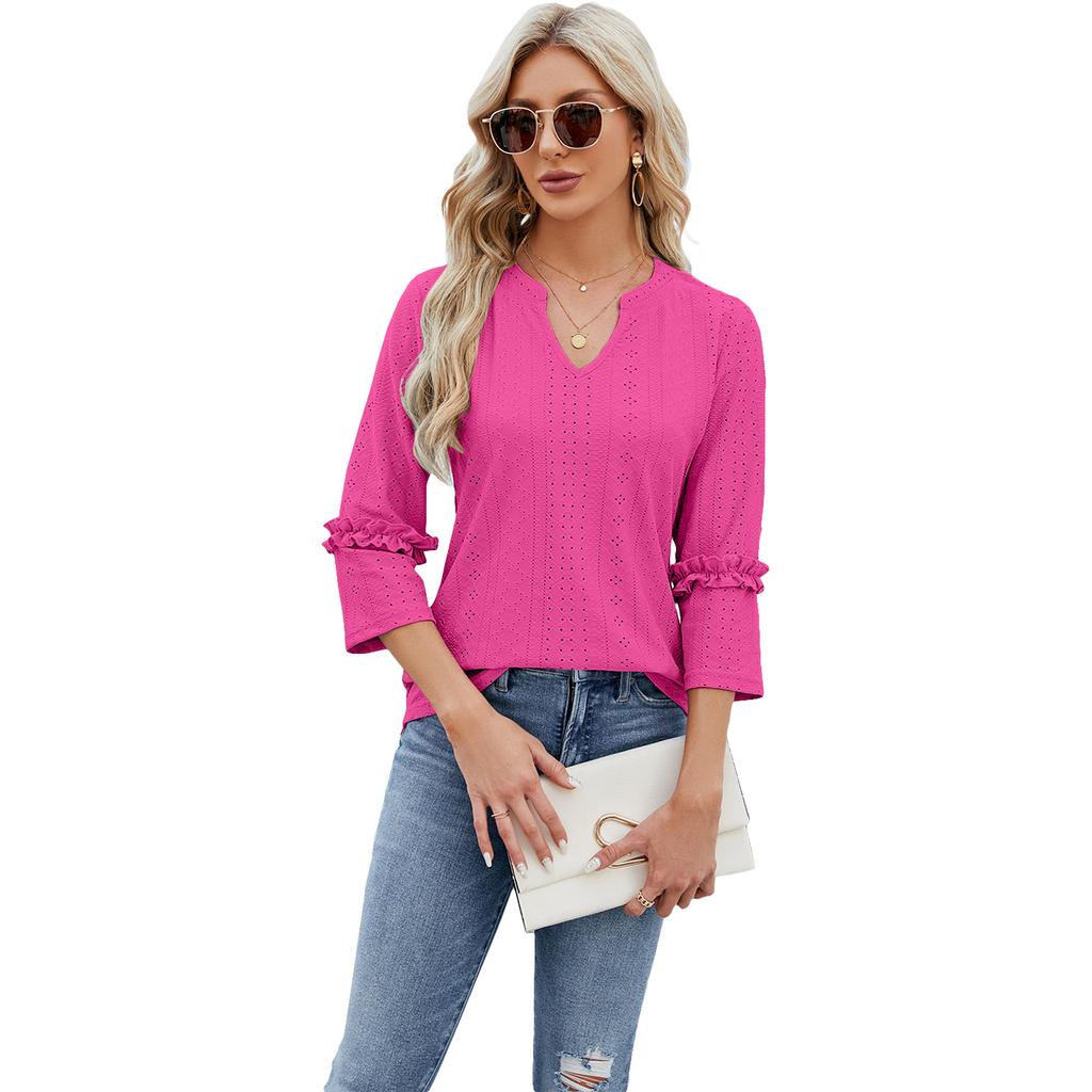 Spring and Summer Women's T-shirt V-neck Lace Seven-quarter Sleeve Jacquard Loose Long-sleeved Tops