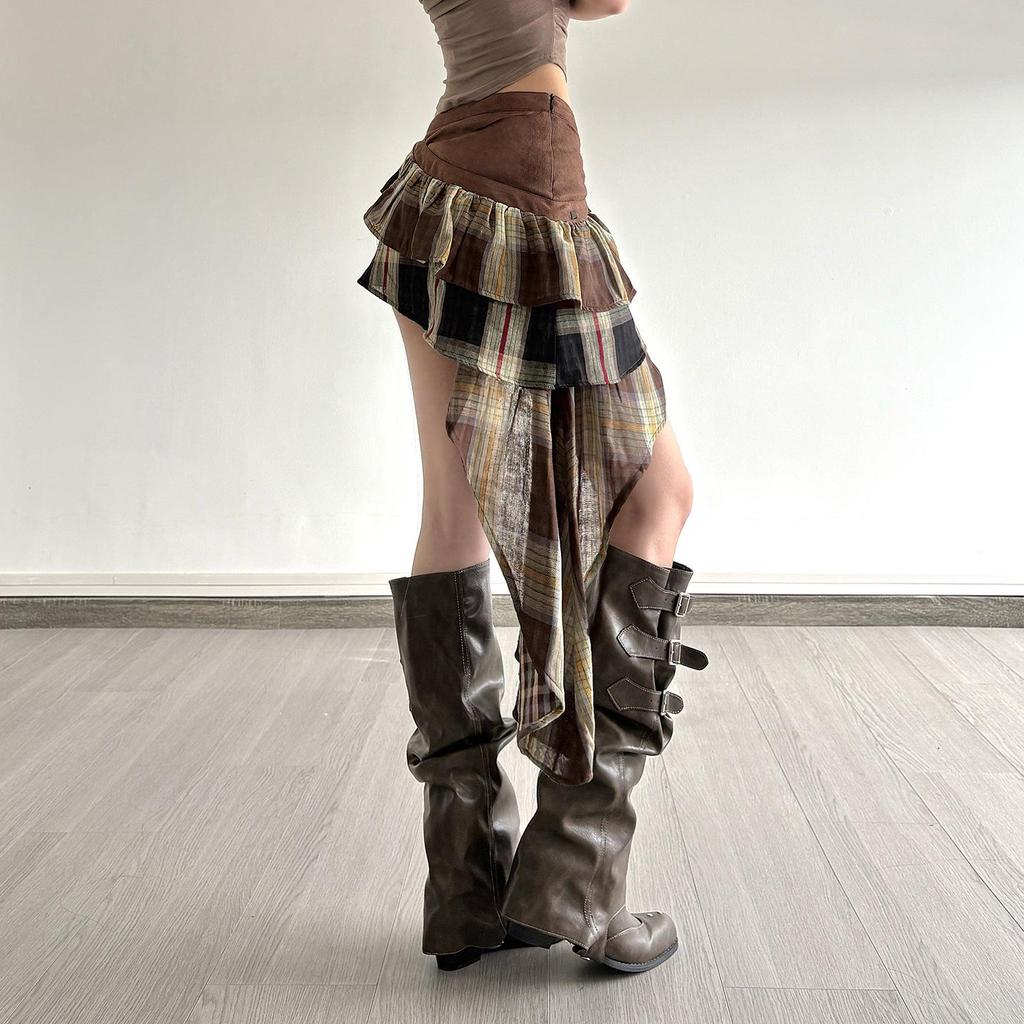 Amerikanischer Streetstyle Karomuster Patchwork Niedrig geschnittener Minirock