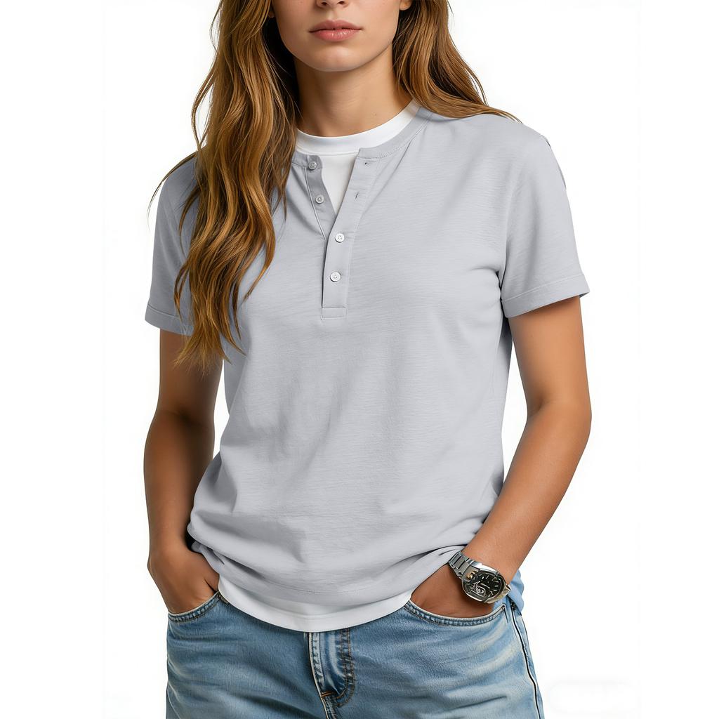 Women's Casual Color V,neck Short,sleeved T,shirt With Decorative Buttons.