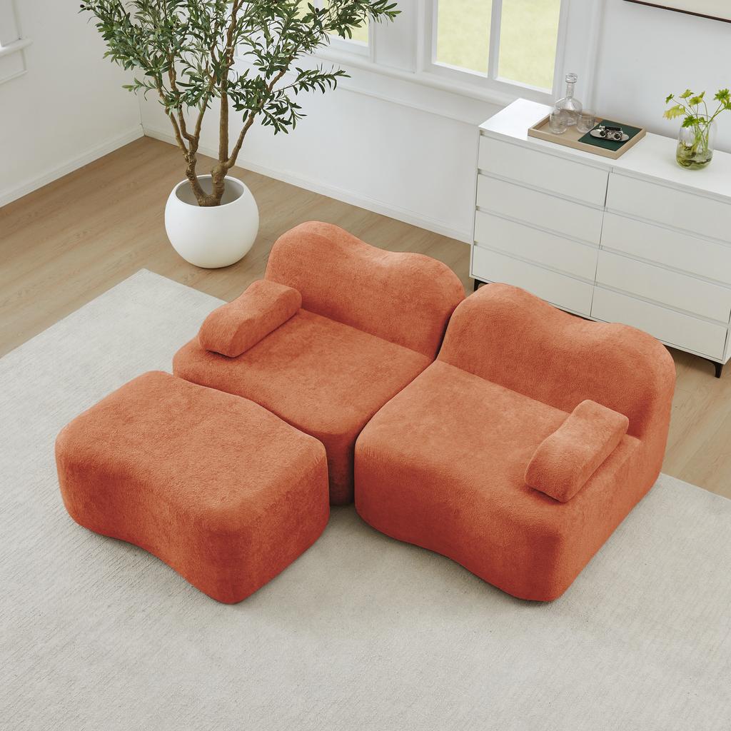 2-Seater L-Shaped Modular Boneless Sofa with 1 Ottoman, Wave Shape, Movable Armrest Cushion, for Living Room & Apartment, No Assembly Required, Orange